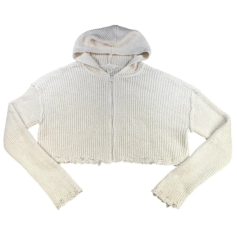 Full Tilt Cropped Knit Hoodie Sweater Womens M Ivory Zip Up Distressed Hem Y2K - Picture 1 of 11
